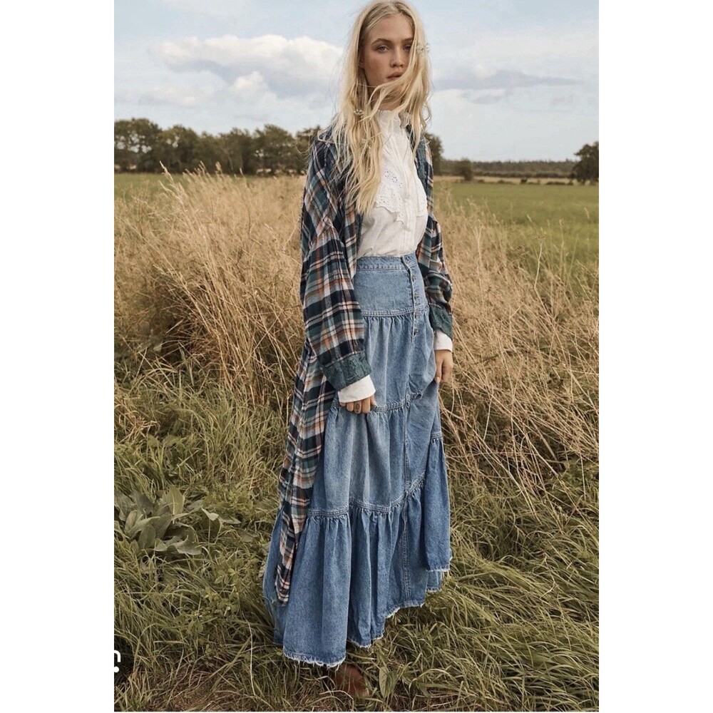We The Free People Dream Weaver Tiered Denim Maxi Skirt Festival Boho Western M